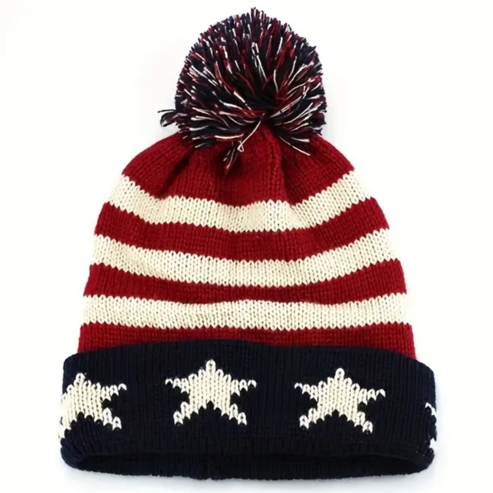 American Flag Knit Colorblock Beannie with Pom Unisex Cap